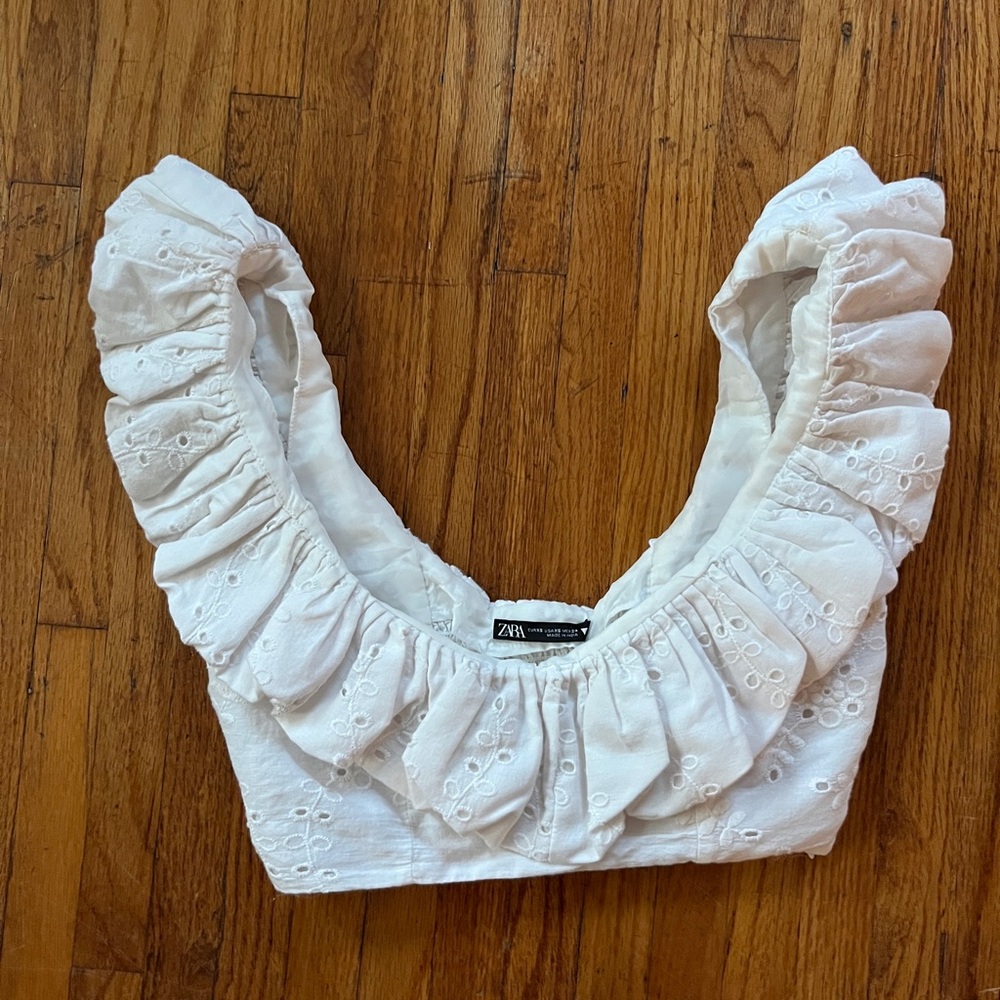 Zara White Ruffled Cropped Blouse with Bib Collar